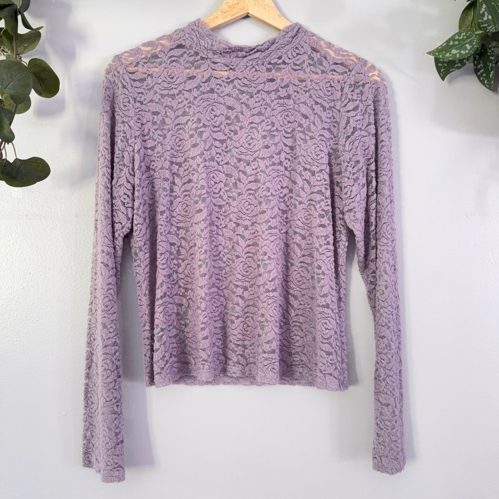 Lavender Blouse Fairy Festival Romantic Floral Lace Mock Neck Sheer Layering
